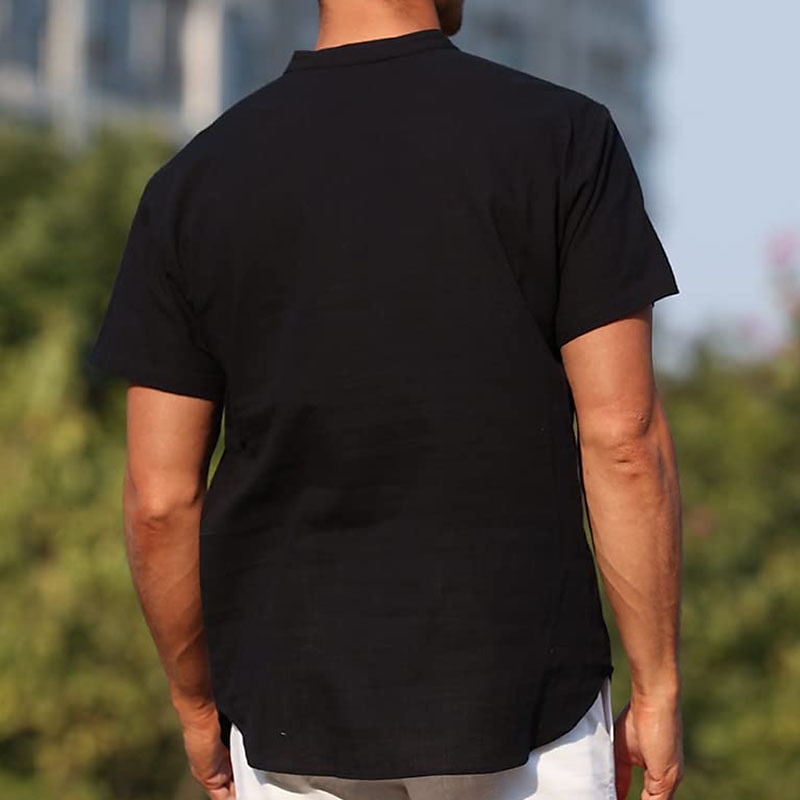 Men's Cotton Linen Shirt Chinese Collar Shirt Mandarin Collar Shirt Summer Shirt Casual Shirt Beach Shirt Stripe Vacation Casual Black White Light Blue Short Sleeve Grandad Collar Summer Clothing 2025 - $21.99 –P7