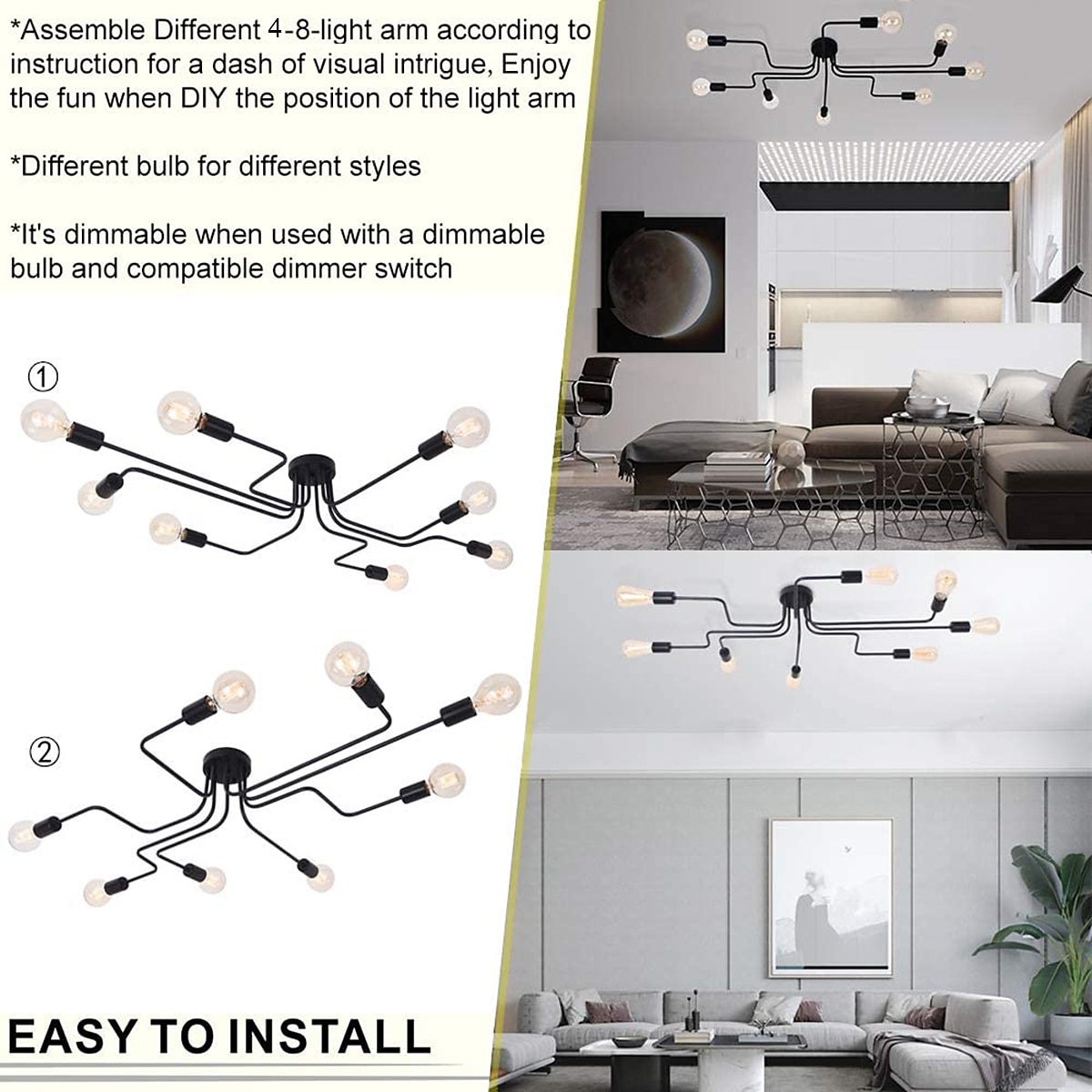 Free form DIY Semi-embedded Ceiling Lamp 4-8 Lamps E26/E27 Industrial Style Chandeliers Black and Gold Medieval Chandeliers Suitable for Bedroom Dining room Living Room AC110V AC220V 2025 - $57.99 –P4