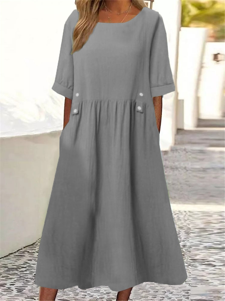 Women's Casual Dress Cotton Linen Dress Swing Dress Midi Dress Cotton Blend  Basic Casual Outdoor Daily Vacation Crew Neck Ruched Button Short Sleeve  Summer Spring 2023 Loose Fit White Purple Green 2024 - $32.99