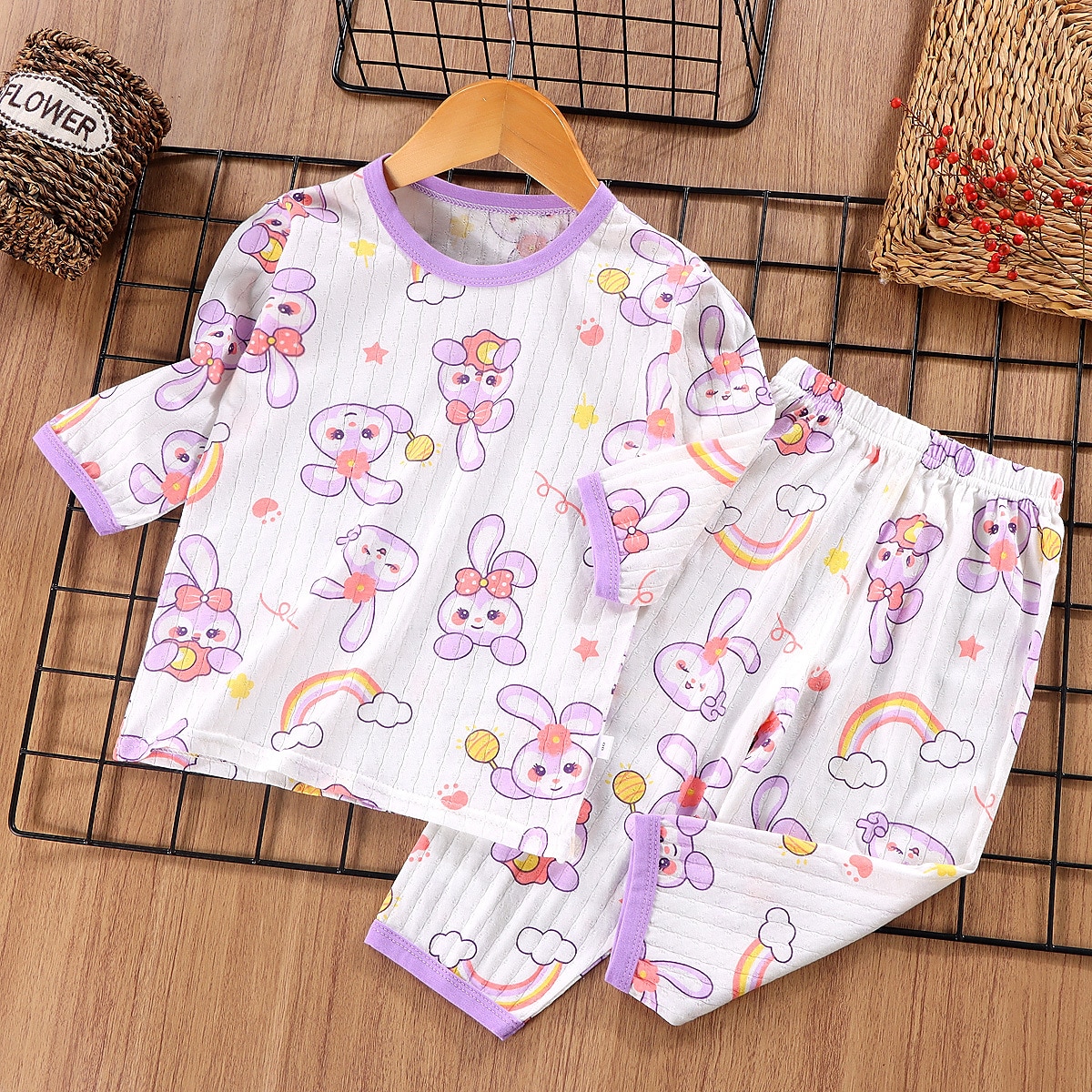 Conjuntos de pijama de 2 piezas para niños, manga 3/4, manga 3/4, manga tres cuartos, diseño de oso cereza, manga tres cuartos, conejo morado, dibujos animados, cuello redondo, verano, primavera, uso diario, hogar, 3-7 años 2025 - $11.99 –P6