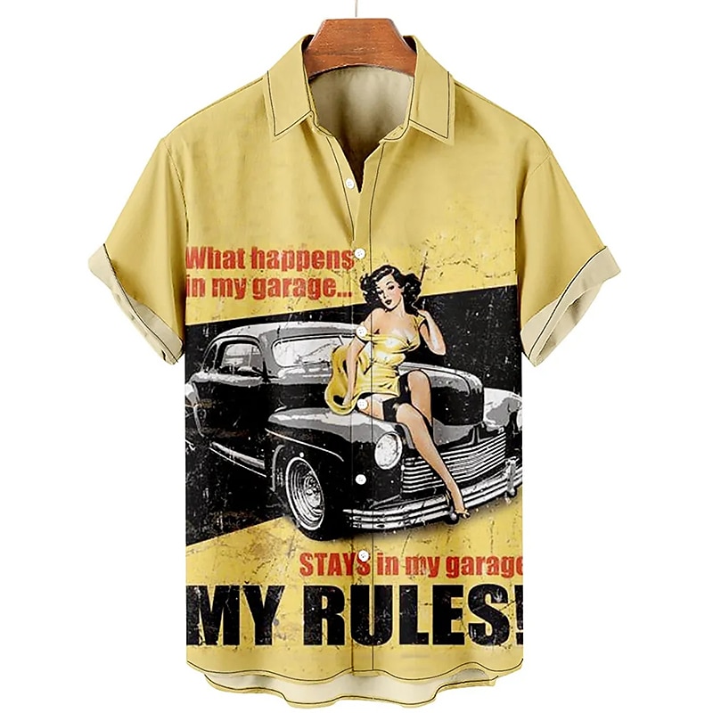 Pánské Písmeno Motor Pin Up Girl Košile Havajská košile Aloha košile Krátké rukávy Košile Přehnutý Vinobraní Tropický vzhled Módní ulice Ležérní Havajské Světle žlutá Černá Žlutá S M L 2025 - $24.99 –P6