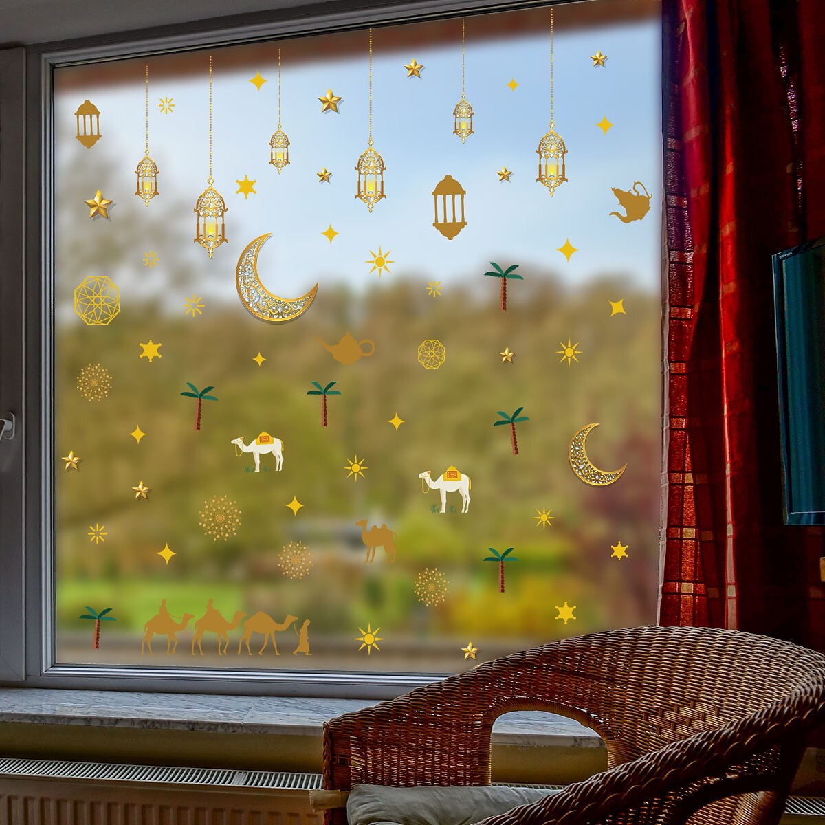Ramadan Festival 2 Pcs  Moon Lantern Star Wall Decal Paper Static Sticker Glass Sticker Window Double-sided Visible Decorative Wall Decal Muslim 2025 - $7.49 –P6