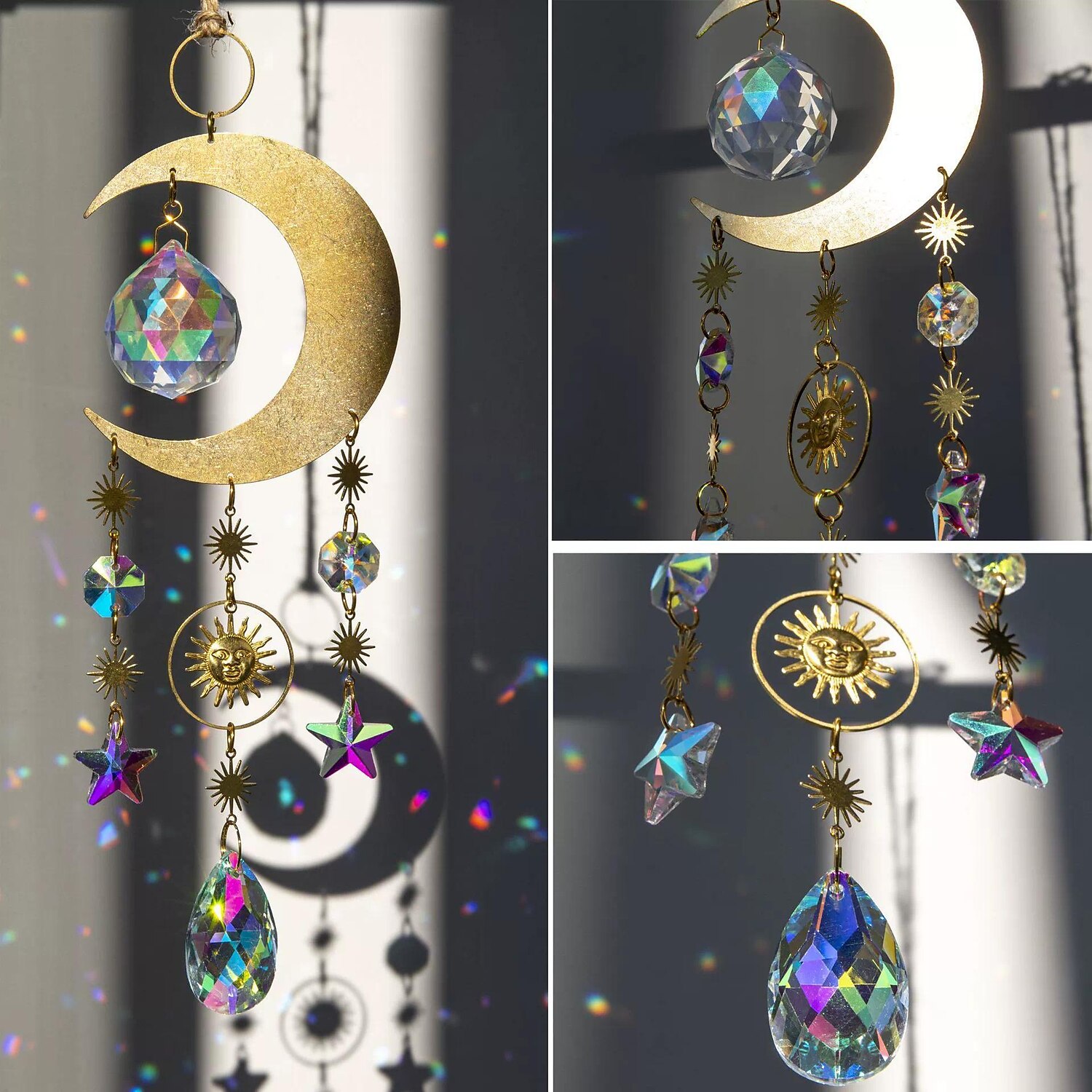 décor d'art mural, lune étoile suncatcher pendentif pendentif en cristal lustre arc-en-ciel créer ornement suspendu tenture murale arbre fenêtre prisme ornement pour chambre bureau à domicile décor de jardin de 2025 ? $18.49 –P6