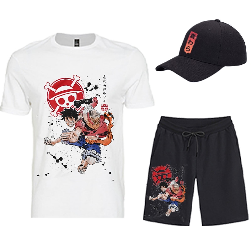One Piece Apina D.Luffy T-paita Shortsit Lippalakki Painettu Kuvitettu Käyttötarkoitus Miesten Aikuisten Kuuma leimaus Rento / arki 2025 - $31.99 –P12