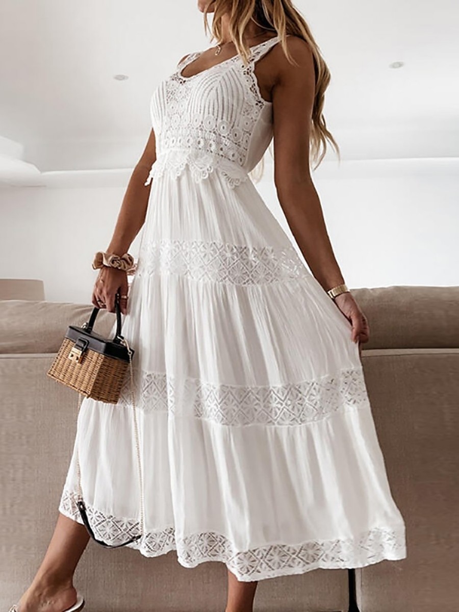 robe blanche en dentelle pour femme, dentelle unie, ajourée, col en V, robe midi élégante, classique, rendez-vous quotidien, sans manches, été, printemps de 2025 ? $51.99 –P2