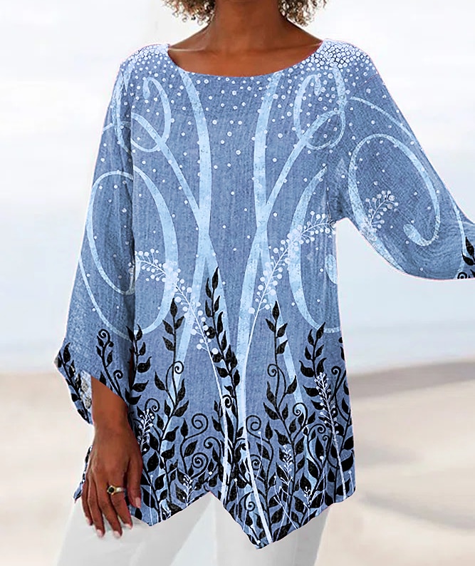 Blouse femme chiffon basique quotidienne à feuilles imprimé manches longues hauts longs col rond décontracté vacances bleu vert gris automne hiver de 2025 ? $24.99 –P4