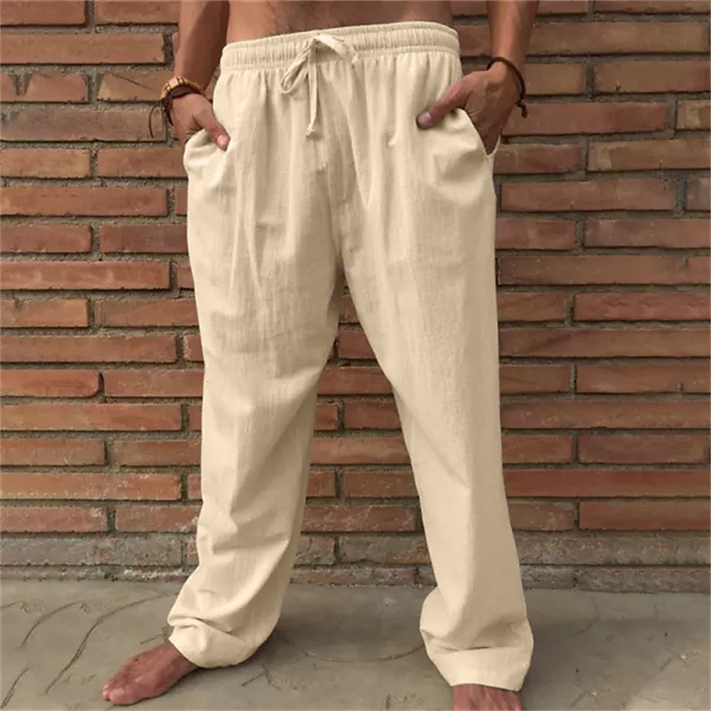 Herr Linne Byxor Långbyxor Sommarbyxor Strandbyxor Snörning Elastisk midja Rakt ben Slät Komfort Utomhus Ledigt Dagligen Streetwear Stylish Brun Kaki 2025 - $22.99 –P7