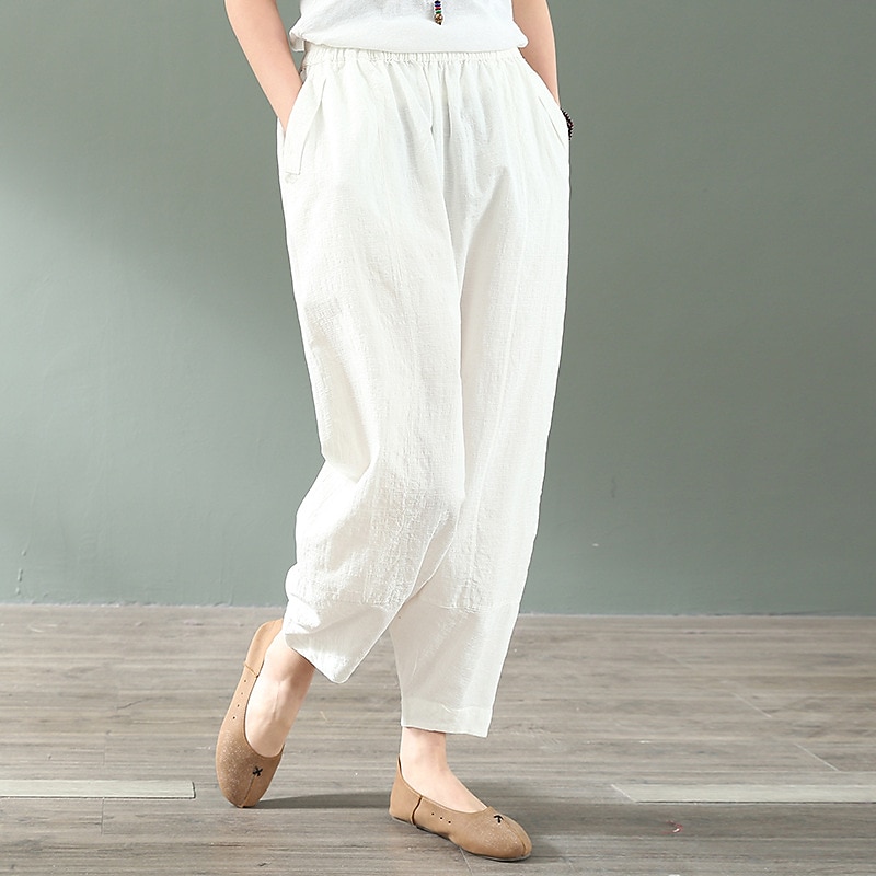 Women's Linen Pants Pants Trousers Baggy Full Length Faux Linen Side Pockets Baggy Fashion Casual Daily Black White M L 2023 - US $16.99 –P5