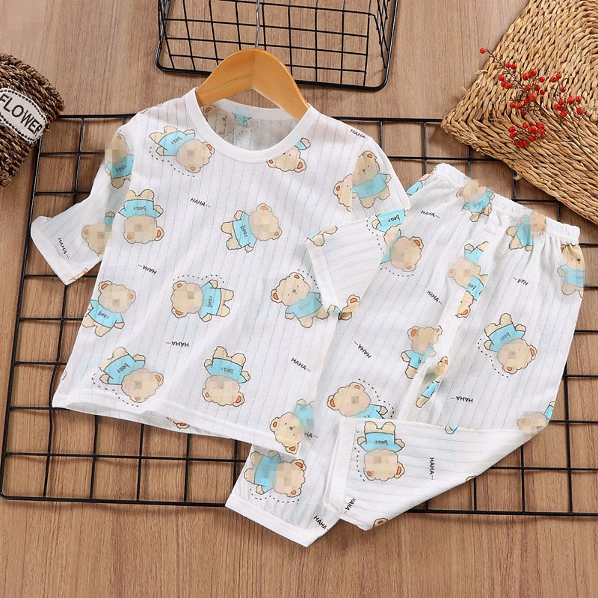 Conjuntos de pijama de 2 piezas para niños, manga 3/4, manga 3/4, manga tres cuartos, diseño de oso cereza, manga tres cuartos, conejo morado, dibujos animados, cuello redondo, verano, primavera, uso diario, hogar, 3-7 años 2025 - $11.99 –P10