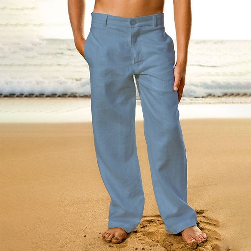 2026年 男性用 リネンパンツ ズボン サマーパンツ ビーチパンツ フロントポケット まっすぐな足 平織り 履き心地よい 高通気性 カジュアル 日常 祝日 ファッション ベーシック ブラック ホワイト  コレクション – $28.99 –P13