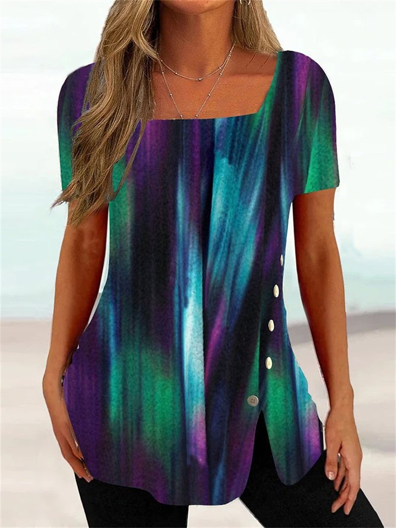 Camiseta de mujer de talla grande, túnica básica con estampado floral a rayas, manga corta, cuello cuadrado, informal, para vacaciones, negra, blanca, rosa, violeta, gris oscuro 2026 - $24.99 –P5
