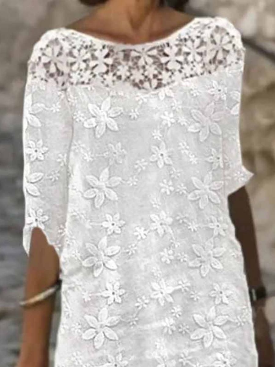 Women's Casual Dress Cotton Linen Dress Shift Dress Midi Dress Polyester Modern Casual Daily Vacation Crew Neck Print Contrast Lace Half Sleeve Summer Spring Fall 2023 Regular Fit White Floral S M L 2023 - US $28.99 –P2