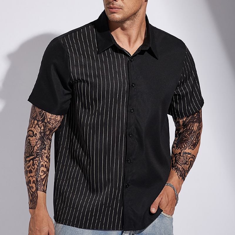 Men's Striped Shirt Casual Shirt Button Up Shirt Short Sleeve Shirt Turndown Outdoor Vacation Black Plus Size Clothing Apparel Modern Style Retro Vintage 2025 - $22.99 –P1