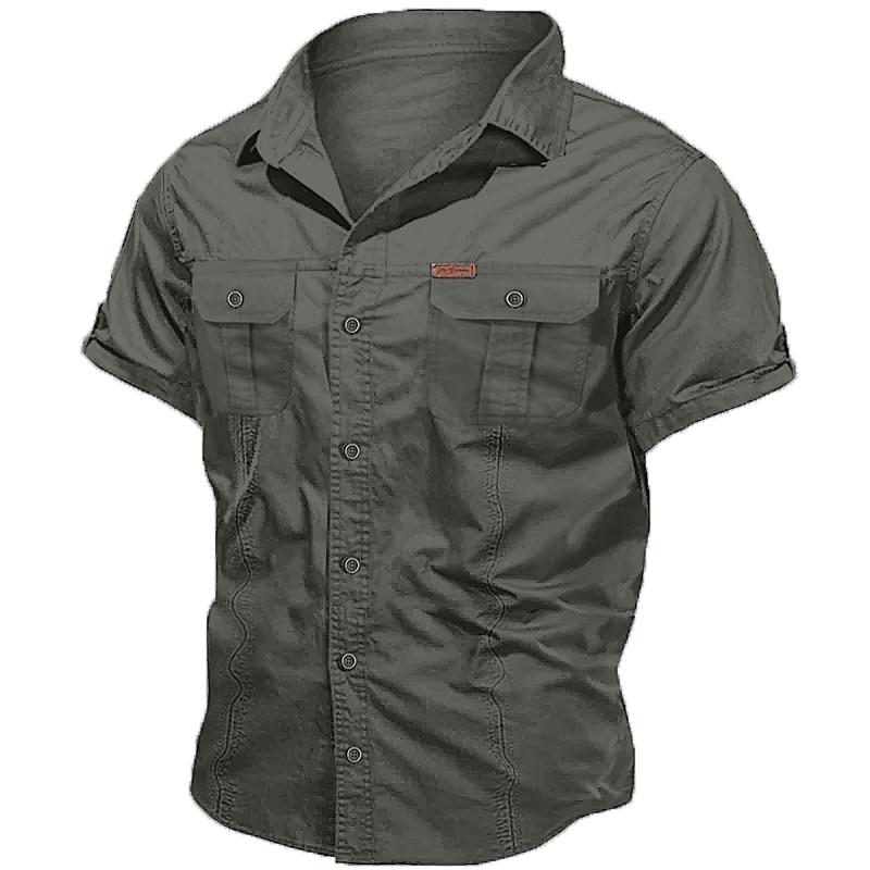 Men's Shirt Workwear Shirts Casual Shirt Work Shirt Button Up Shirt Cargo Shirt Black Navy Blue khaki Army Green Beige Short Sleeve Plain Turndown Vacation Going out Button-Down Clothing Apparel 2025 - $31.99 –P3