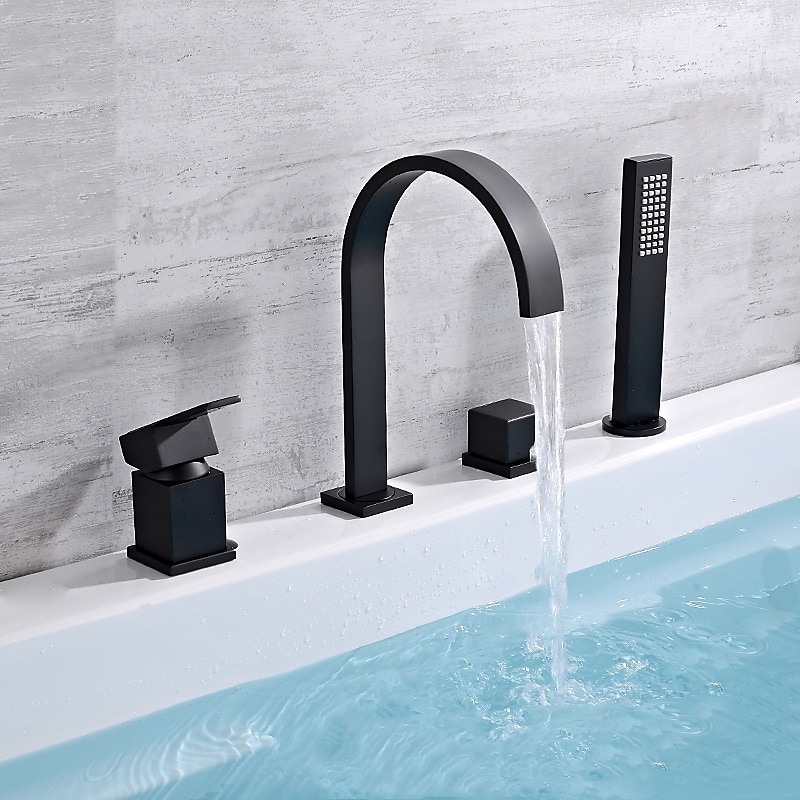 grifo de bañera montado en cubierta, grifo de baño generalizado bañera romana grifo mezclador de llenado de latón, rociador de ducha de 4 orificios y 2 manijas con manguera de agua fría y caliente 2025 - $234.89 –P4