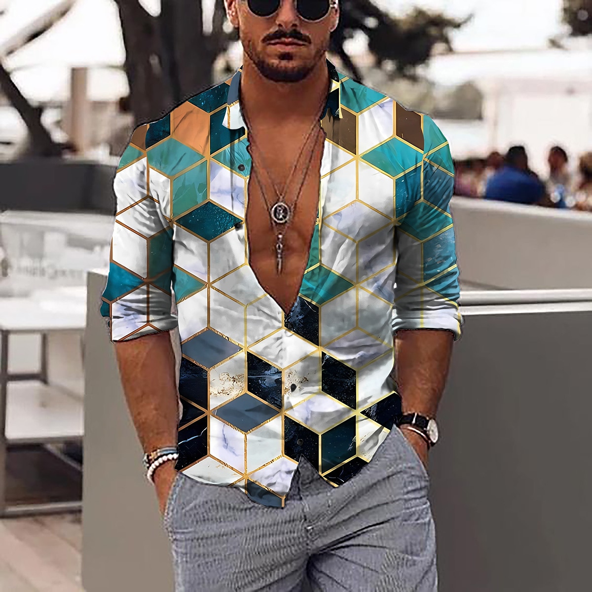 Per uomo Geometrica Geometria Camicia Camicia con bottoni Manica lunga Di tendenza Originale Informale Esterno Da mare Giornaliero Primavera estate Colletto alla coreana Stampa 3D Bottone giù Nero del 2025 a $26.99 –P5