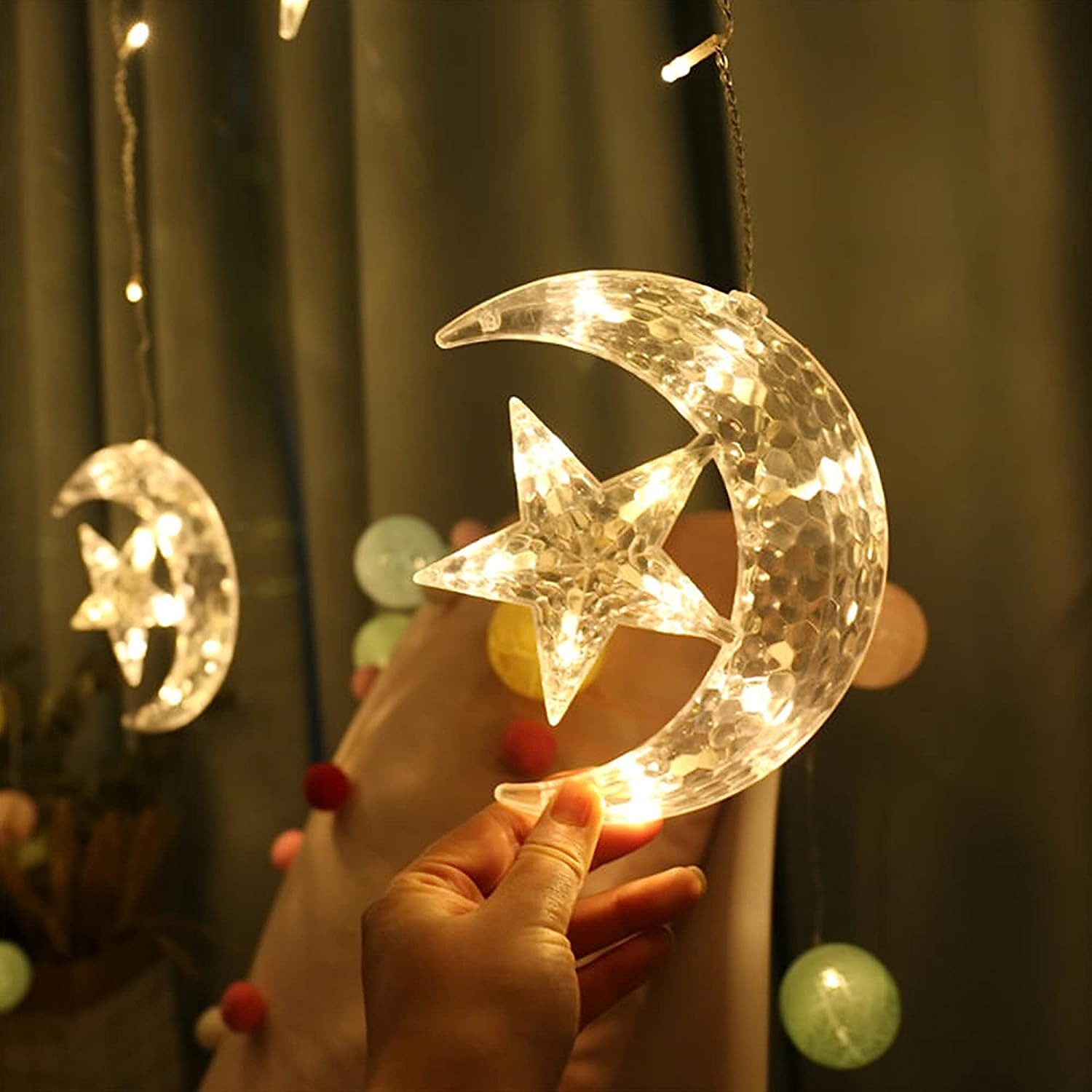 elegantní svatební hostina ramadán eid string lights - 12pcs moon &amp; hvězda, 2,5m led záclonová lampa, svatba &amp; festivalová dekorace, neonová lucerna pohádková světla pro svátek eid al-fitr 2025 - $26.99 –P1