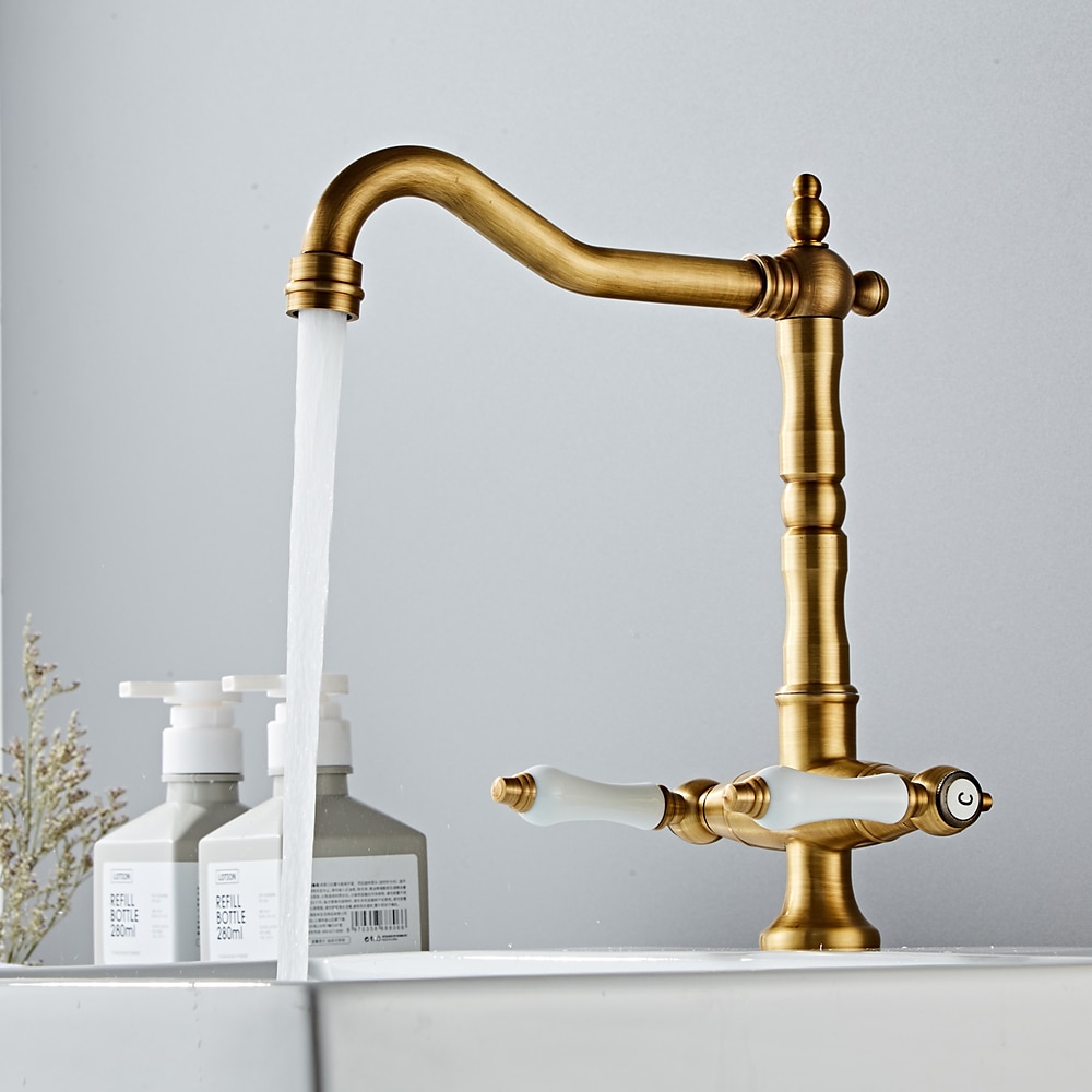 Twin Lever Traditional Kitchen Sink Mixer Taps, Dual Lever Cold and Hot Faucet Deck Mounted, 360° Swivel Spout Sink Tap with 2 Ceramic Handles, Antique Brass Classic Double Handle for Kitchen Bathroom 2025 - $113.99 –P14