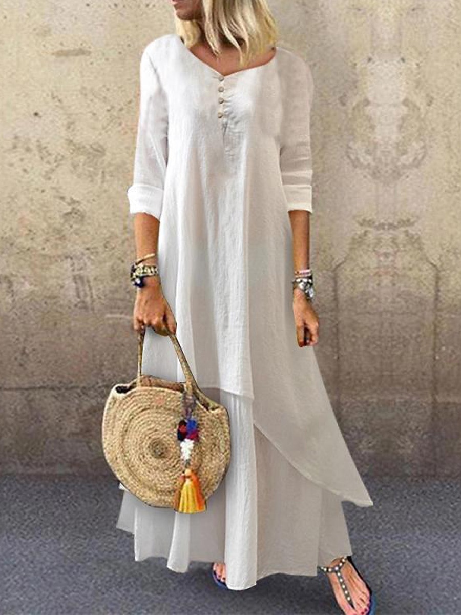 Women's Cotton Linen Dress Casual Dress Swing Dress Maxi long Dress Cotton Blend Basic Casual Outdoor Daily V Neck Ruched Layered Half Sleeve Summer Spring Fall 2023 Loose Fit White Plain S M L XL 2XL 2023 - US $31.99 –P1