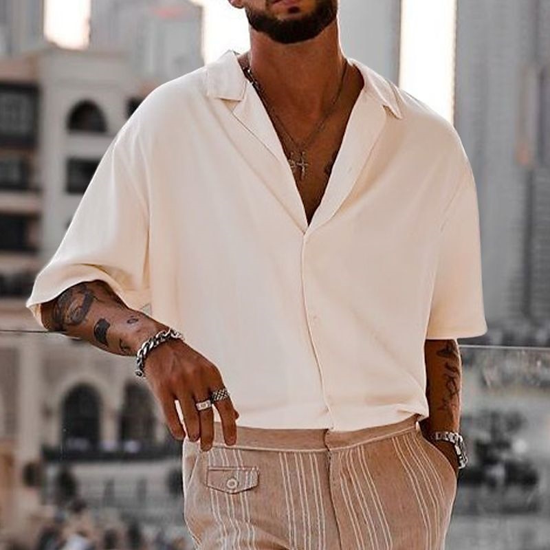 Men's Shirt Cuban Collar Shirt Button Up Shirt Black White Navy Blue Brown Green Short Sleeve Plain Camp Collar Vacation Daily Clothing Apparel Cotton Cotton Blend Fashion Casual Comfortable 2025 - $21.99 –P1