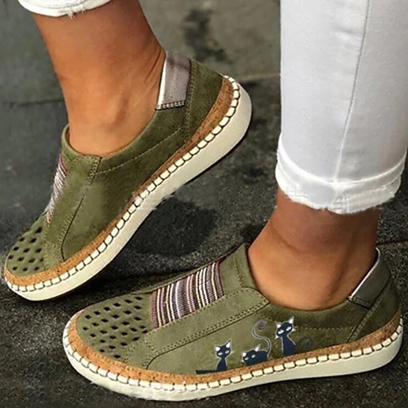 slip-on fritidssneakers för kvinnor med grönt katttryck – loafers som andas med elastisk panel för promenader, resor och vardagskläder 2025 - $42.99 –P1