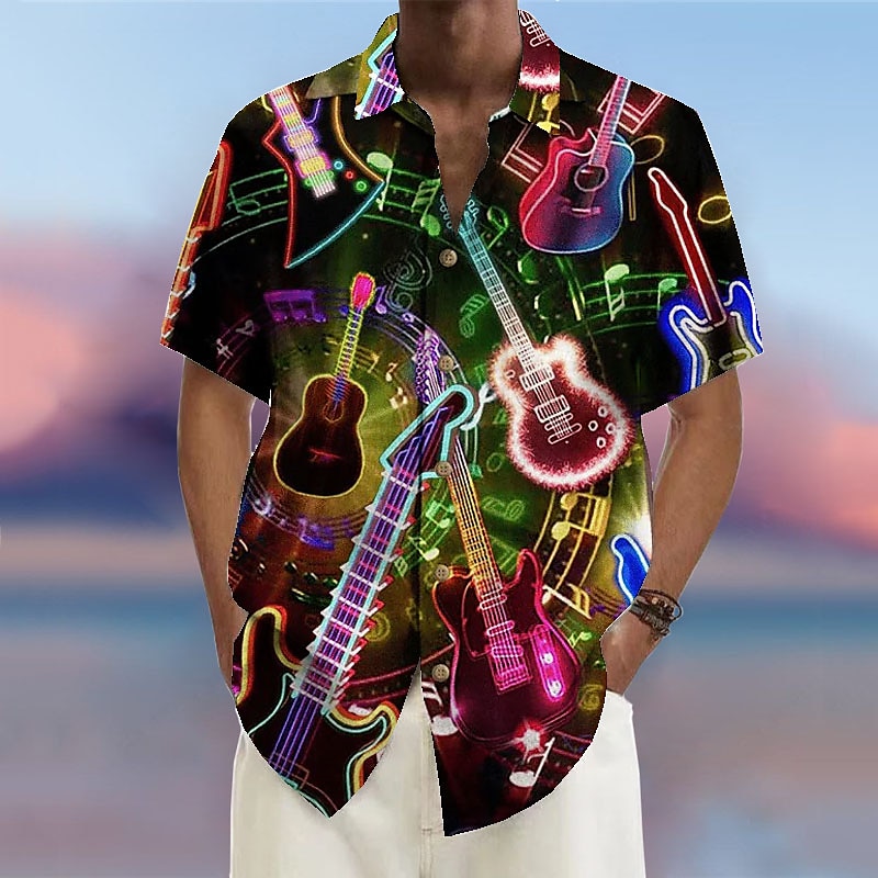 Herr Musik Guitarr Rock and Roll Skjorta Hawaii skjorta Knapp upp skjorta Kort ärm Mode Streetwear Designer Utomhus Gata Ledigt Sommar Vår Nedvikt Mönster Aprikos Gul Blå Grön Regnbåge 2025 - $24.99 –P3