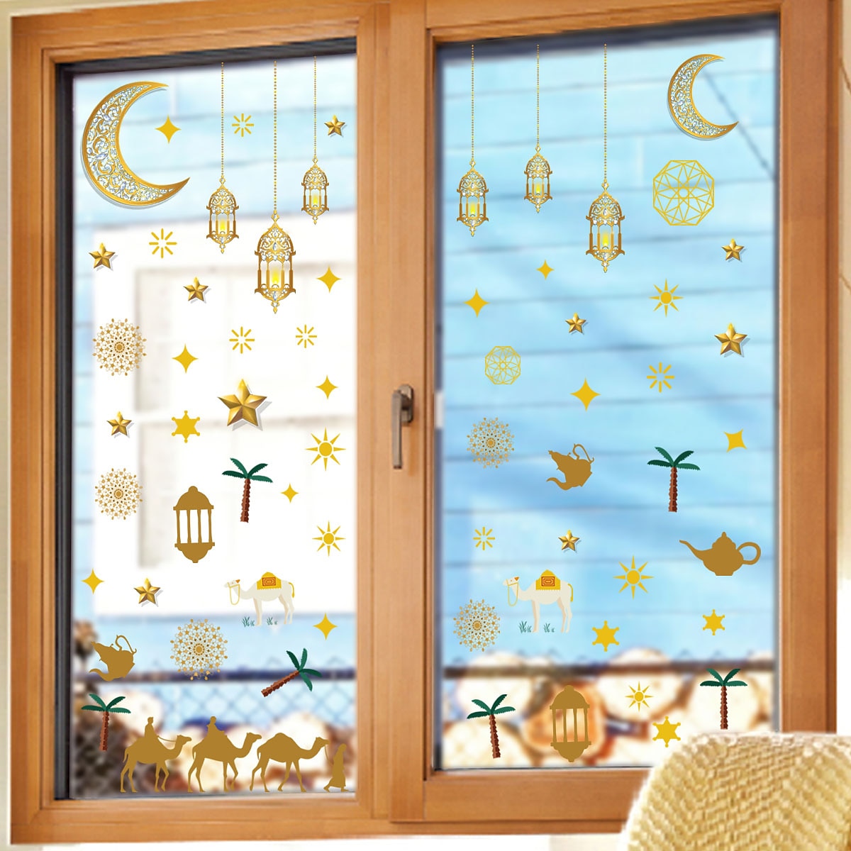 Ramadan Festival 2 Pcs  Moon Lantern Star Wall Decal Paper Static Sticker Glass Sticker Window Double-sided Visible Decorative Wall Decal Muslim 2025 - $7.49 –P5