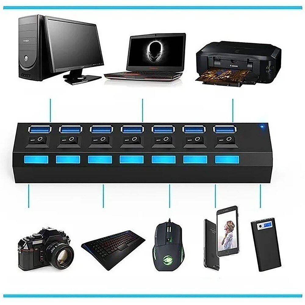 USB 2.0 Hubs 7 Hamnar 7-i-1 4-IN-1 med oberoende strömbrytare USB-nav med USB2.0*4 Kraftleverans Till Bärbar dator PC Surfplatta 2025 - $10.99 –P2