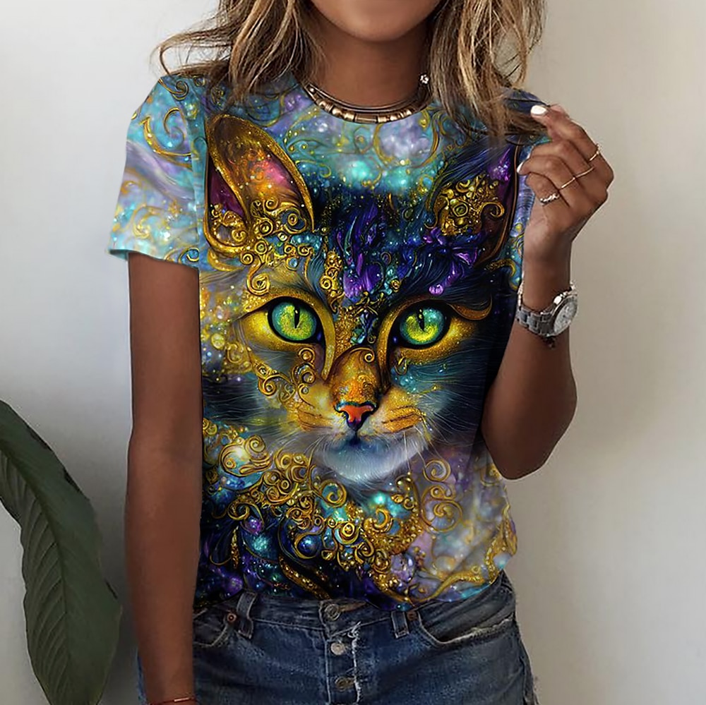 t-shirt basique à manches courtes pour femme, imprimé chat, haut régulier, col rond, quotidien, week-end, jaune de 2025 ? $19.99 –P1