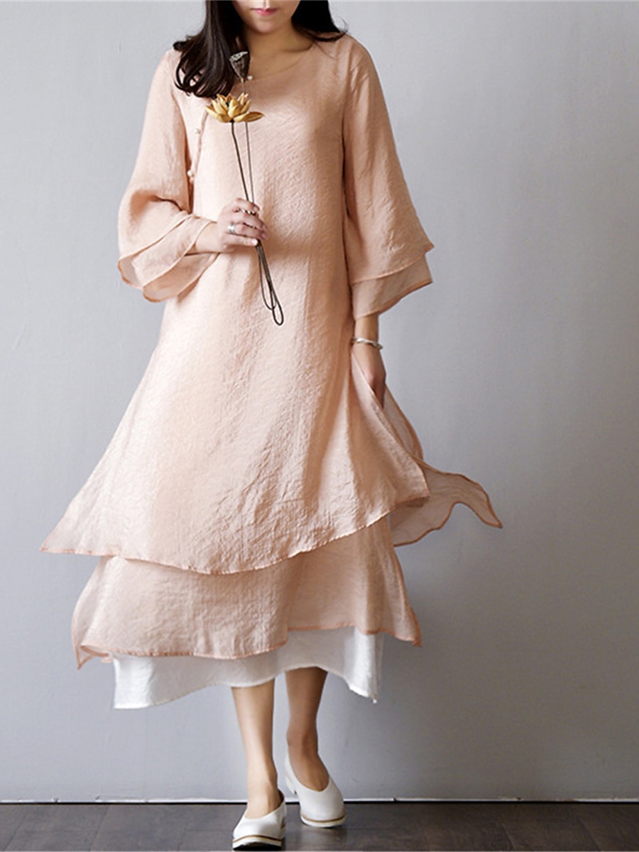 Women's Casual Dress Cotton Linen Dress Swing Dress Midi Dress Cotton Blend Basic Casual Outdoor Daily Vacation Crew Neck Button Layered Long Sleeve Summer Spring Fall 2023 Loose Fit Light Pink White 2023 - US $34.99 –P4