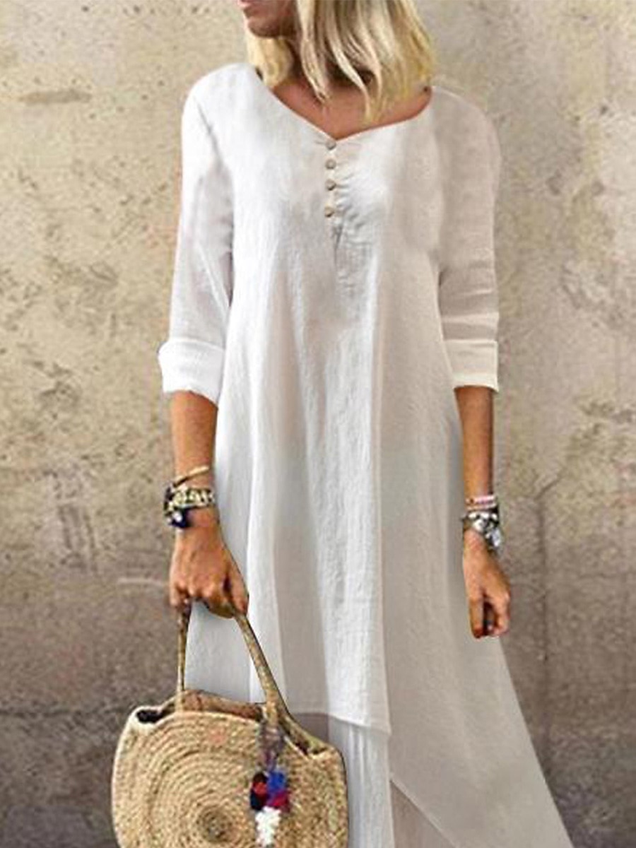 Women's Cotton Linen Dress Casual Dress Swing Dress Maxi long Dress Cotton Blend Basic Casual Outdoor Daily V Neck Ruched Layered Half Sleeve Summer Spring Fall 2023 Loose Fit White Plain S M L XL 2XL 2023 - US $31.99 –P2