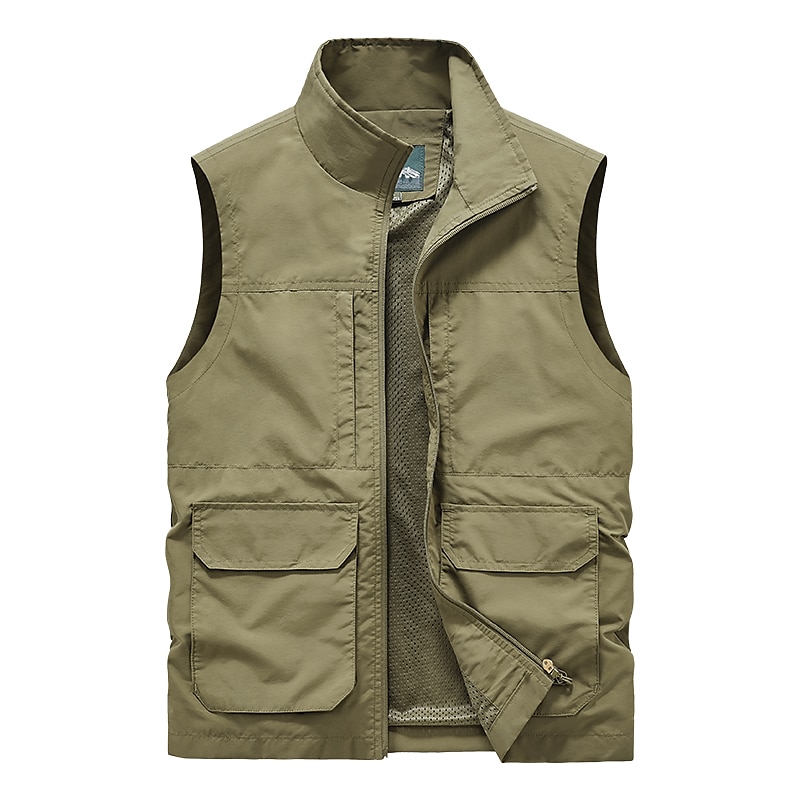 Men's Fishing Vest Sleeveless Vest Outdoor Modern Contemporary All Seasons Multi Pocket Chinlon Outdoor Solid / Plain Color Zipper Standing Collar Standard Fit Black ash-colored khaki Army Green Vest 2025 - $36.99 –P4