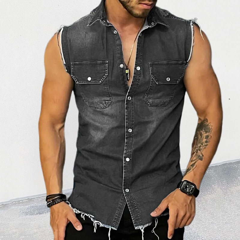 Per uomo Camicia Estiva Camicia con Bottoni Camicia di Jeans Nero Blu Senza Maniche Semplice Collo ripiegato Vacanza Quotidiano Jeans Abbigliamento Poliestere Moda Casual Confortevole del 2025 a $36.99 –P3