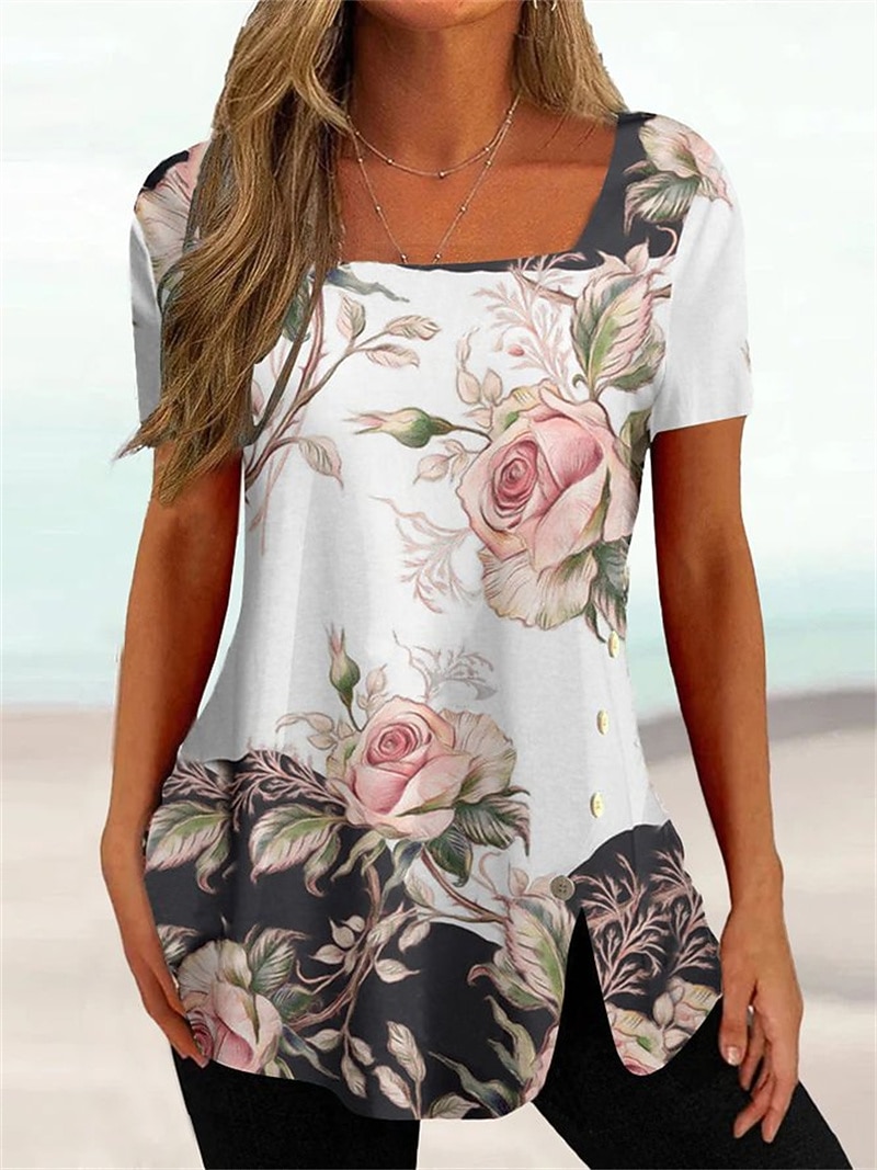 Camiseta de mujer de talla grande, túnica básica con estampado floral a rayas, manga corta, cuello cuadrado, informal, para vacaciones, negra, blanca, rosa, violeta, gris oscuro 2026 - $24.99 –P6