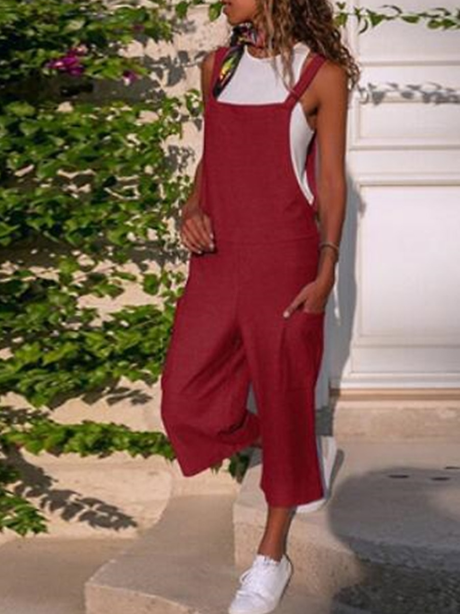 Damen Normal Latzhose Strassenmode Feste Farbe Gurt U-Ausschnitt Tasche Urlaub Täglich Regular Fit Schwarz Wein Armeegrün Sommer 2025 - $21.99 –P4