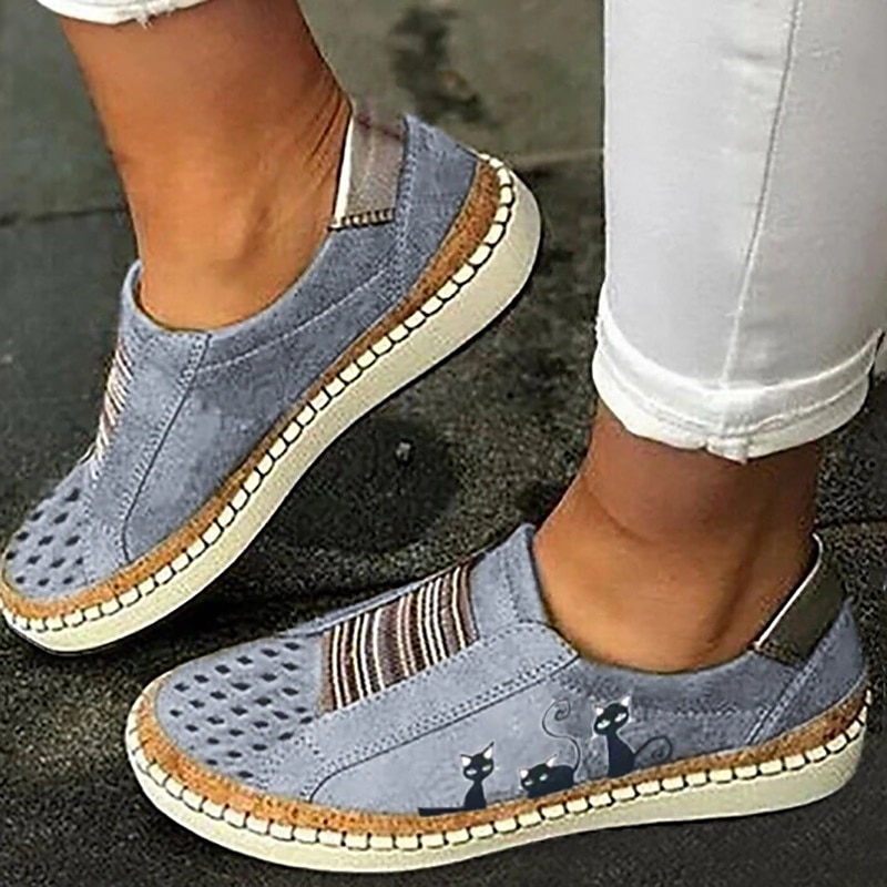 slip-on fritidssneakers för kvinnor med grönt katttryck – loafers som andas med elastisk panel för promenader, resor och vardagskläder 2025 - $42.99 –P2