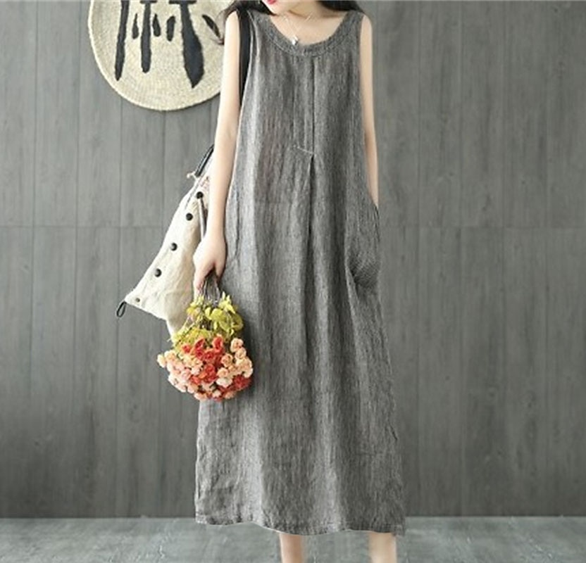 Women's Casual Dress Cotton Linen Dress Shift Dress Maxi long Dress Cotton Blend Casual Daily Holiday Vacation Crew Neck Pocket Cold Shoulder Sleeveless Summer Spring 2023 Regular Fit Black Gray Pure 2023 - US $28.99 –P5