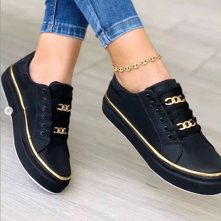 Women's Flats Plus Size Platform Sneakers Daily Solid Color Summer Platform Round Toe Casual Faux Leather Lace-up Black White Gold 2023 - AED 94.99 –P2