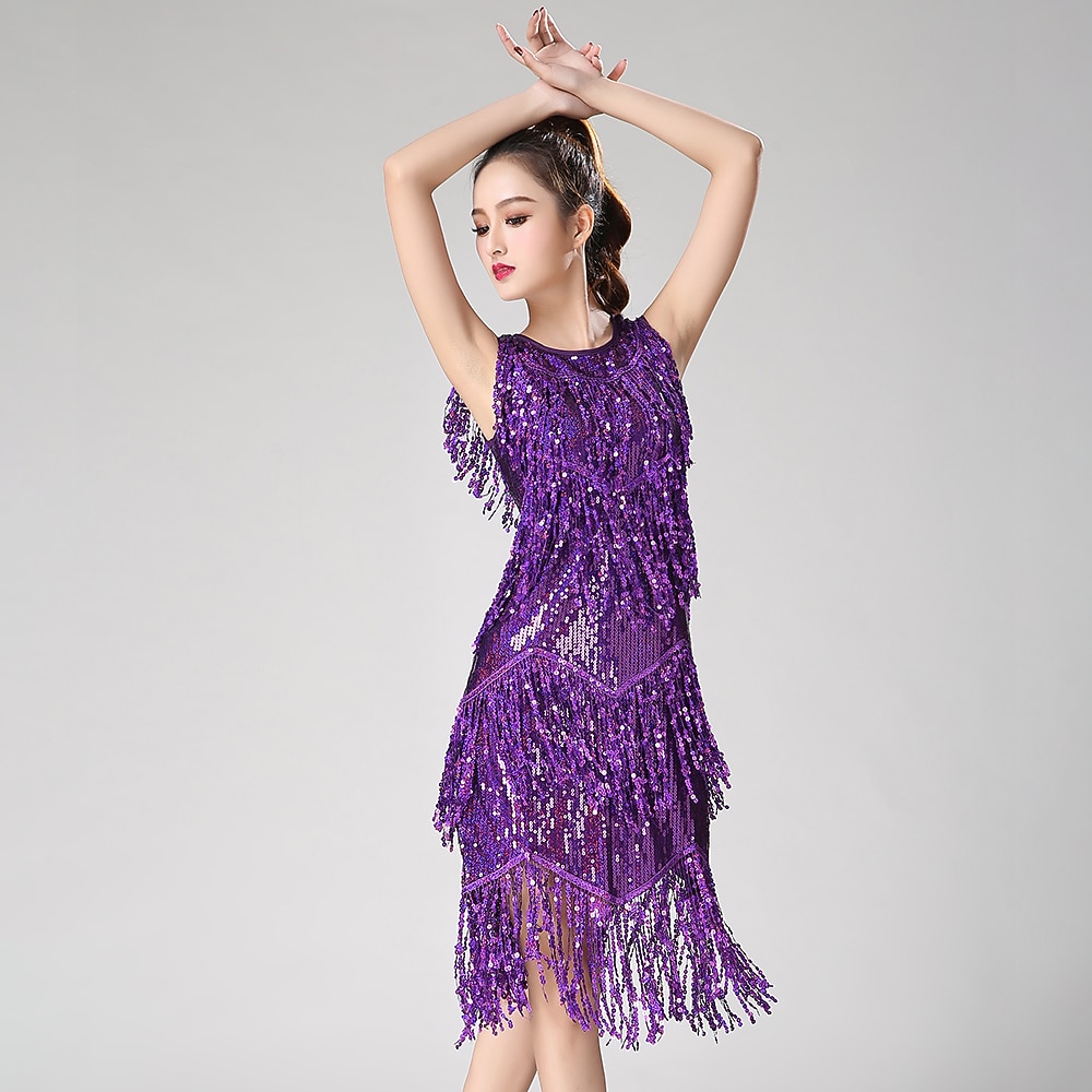 Trajes de dança de dança latina vestido franjas borla ruching cor pura desempenho feminino vestido de festa treinamento sem mangas alta poliéster de 2026 por $47.99 –P5
