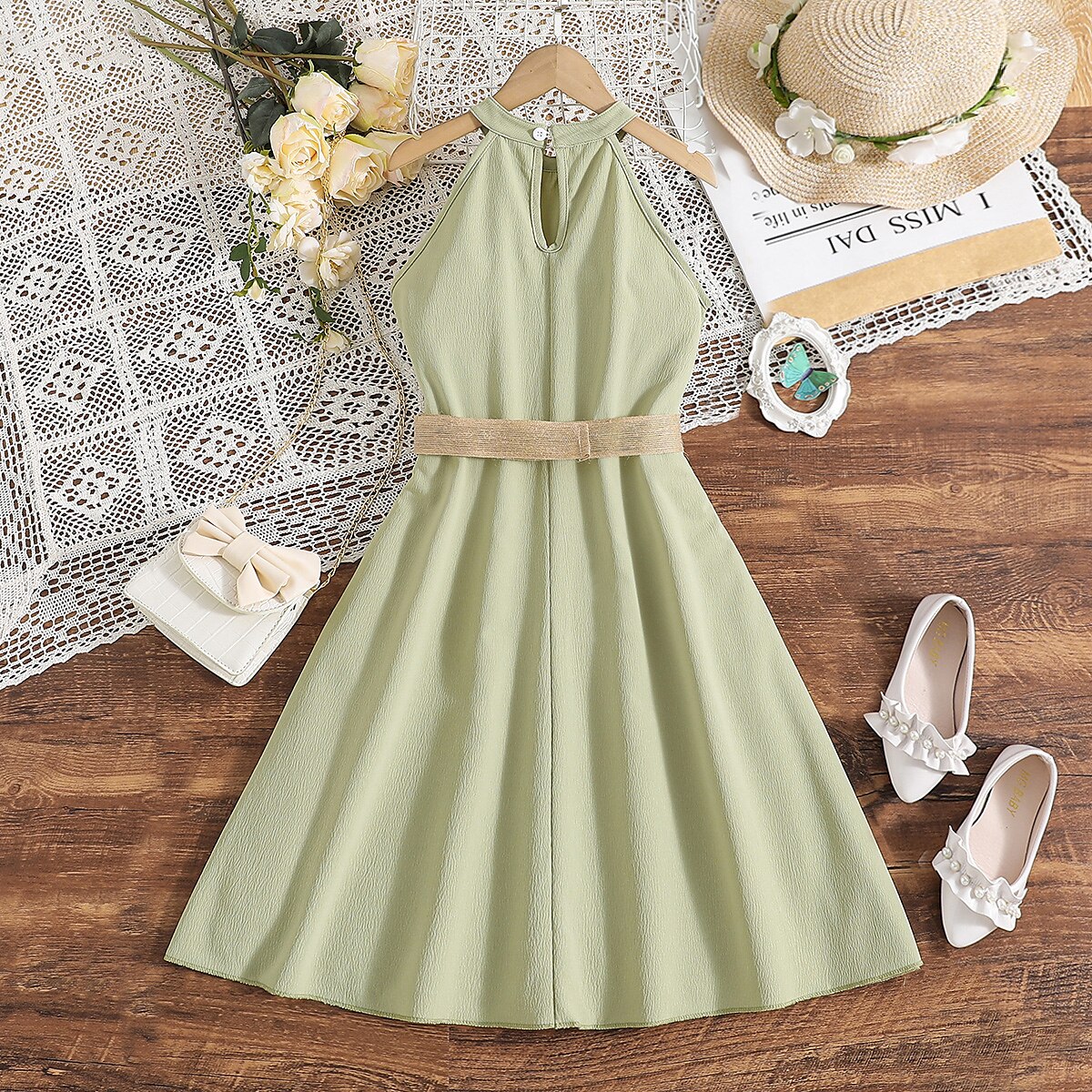 Kids Girls' Dress Solid Color Halter Neck Dress Above Knee Dress School Halter Off Shoulder Sleeveless Fashion Dress 7-13 Years Summer Light Green 2025 - $22.99 –P8