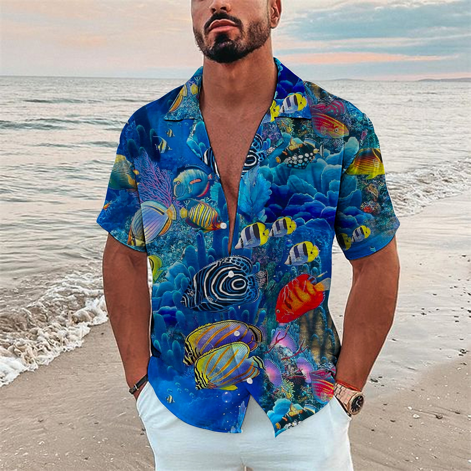 Homme Tropical Poissons Monde sous marin Chemise Chemise hawaïenne Chemise Camp Manche Courte Chemise Col rabattu Mode Design Décontractées Extérieur Plein Air Casual Mer bleue Noir bleu marine 3D de 2025 ? $24.99 –P6