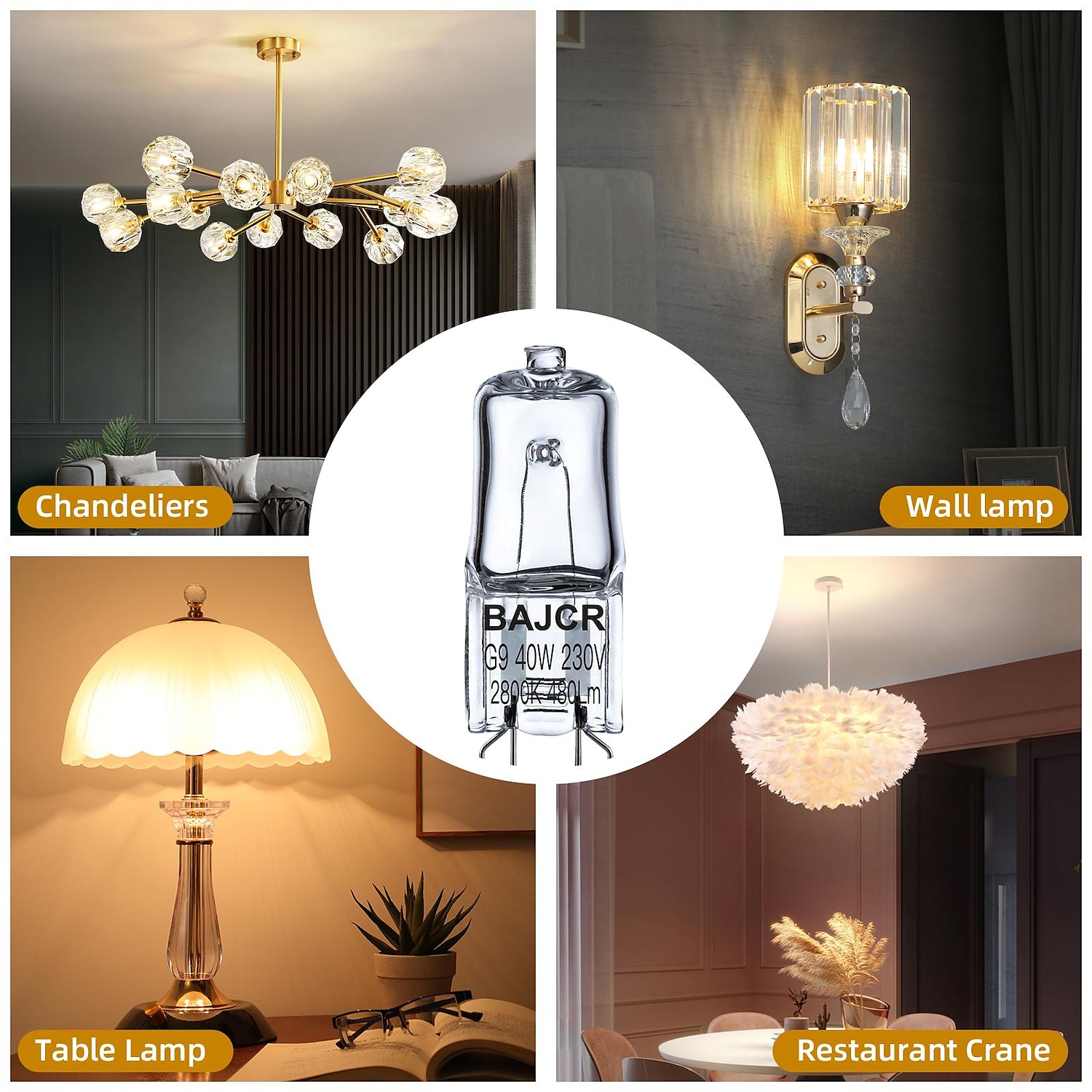 bajcr lighting галогенная лампа g9 t4 40w jcd bi-pin (10 шт. в упаковке) для люстр, подвесок, светильников для шкафов, ландшафтных светильников, настольных и торшеров, настенных бра, 230v с 2025 - $11.49 –P5