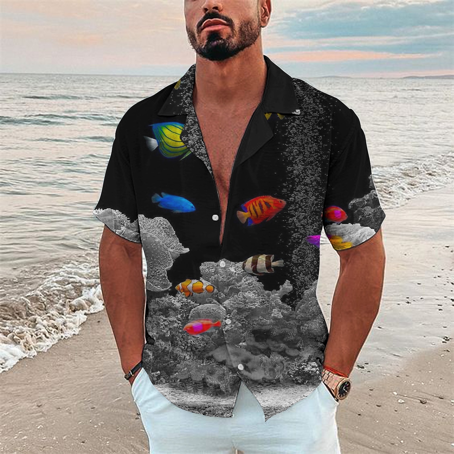 Homme Tropical Poissons Monde sous marin Chemise Chemise hawaïenne Chemise Camp Manche Courte Chemise Col rabattu Mode Design Décontractées Extérieur Plein Air Casual Mer bleue Noir bleu marine 3D de 2025 ? $24.99 –P8