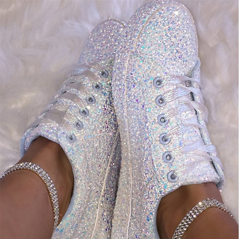Női Tornacipők Bling Bling cipők Fantasy cipők Csillogó cipő Szabadtéri Napi Flitter Lapos Kerek orrú Divat Sportos Alkalmi Csillám PU Fűzős Ezüst Fekete 2025 - $32.99 –P1