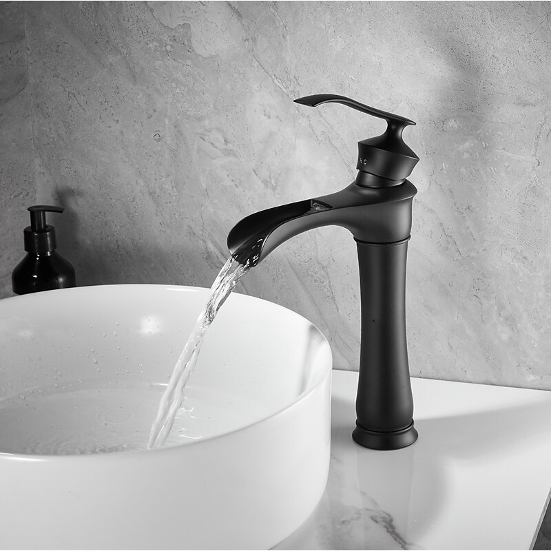 Waterfall Basin Sink Mixer Faucet Black, Tall Bathroom Taps Single Handle One Hole with Hot and Cold Hose Vessel Water Tap Deck Mounted 2025 - $137.99 –P2