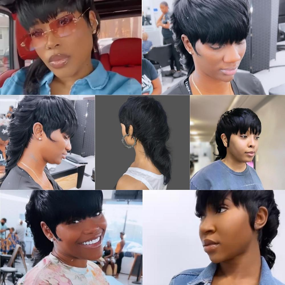 Perruque de cheveux humains brésiliens ondulés avec frange mulet, 10 pouces, entièrement faite à la machine, coupe lutin courte, pour femmes de 2025 ? $51.99 –P7