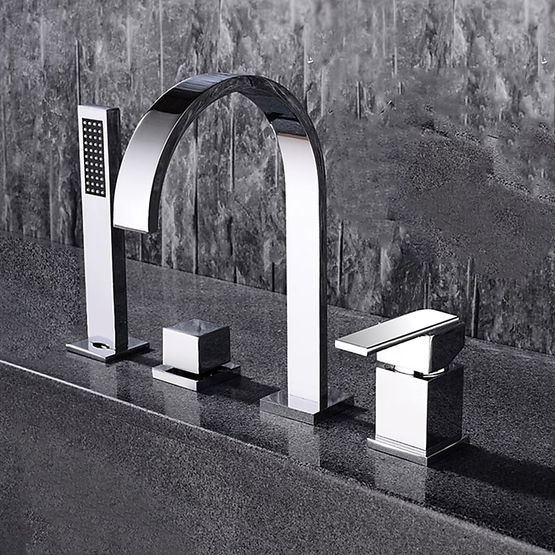 grifo de bañera montado en cubierta, grifo de baño generalizado bañera romana grifo mezclador de llenado de latón, rociador de ducha de 4 orificios y 2 manijas con manguera de agua fría y caliente 2025 - $234.89 –P3