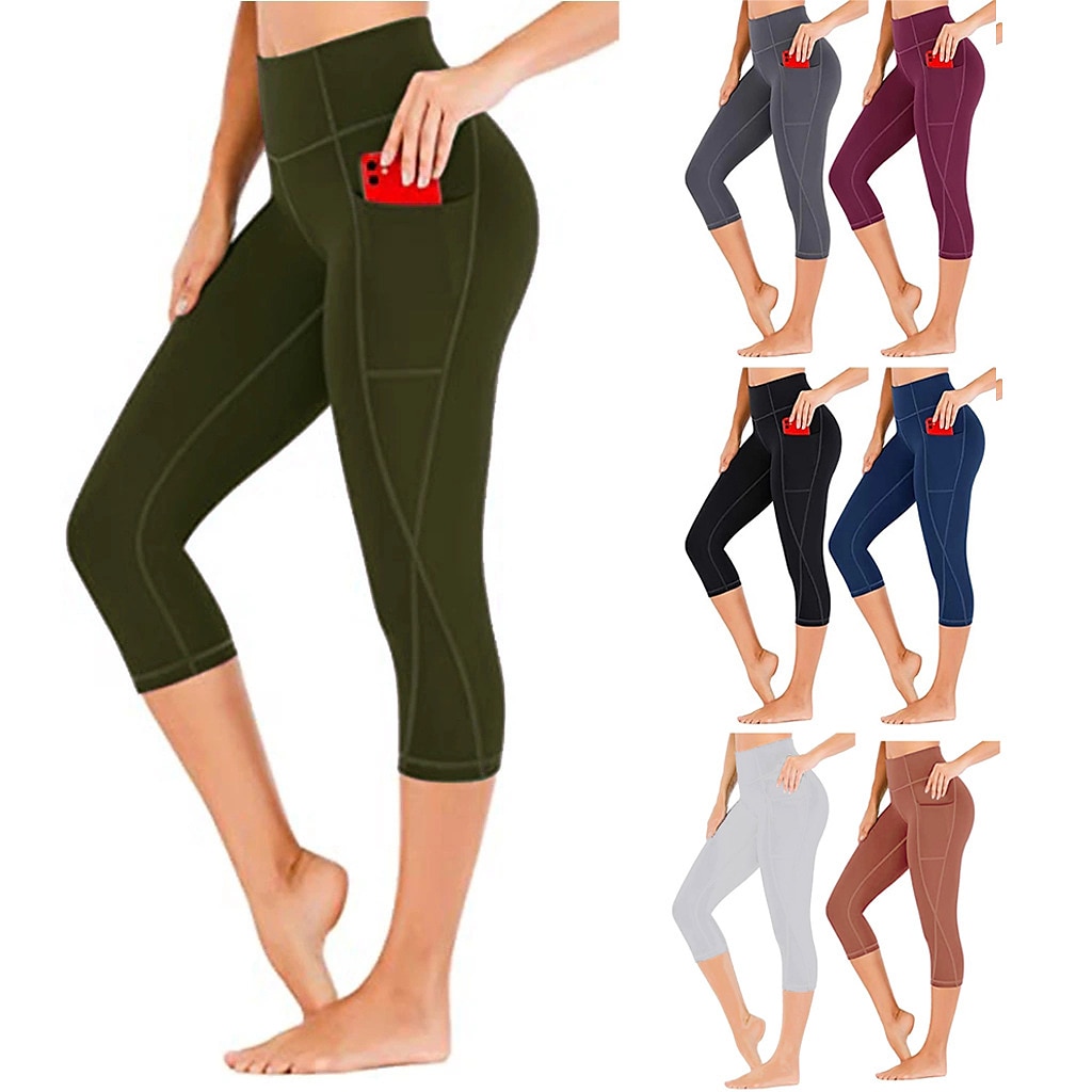 Women's High Waist Tummy Control Yoga Workout Capris Leggings Side Pockets  