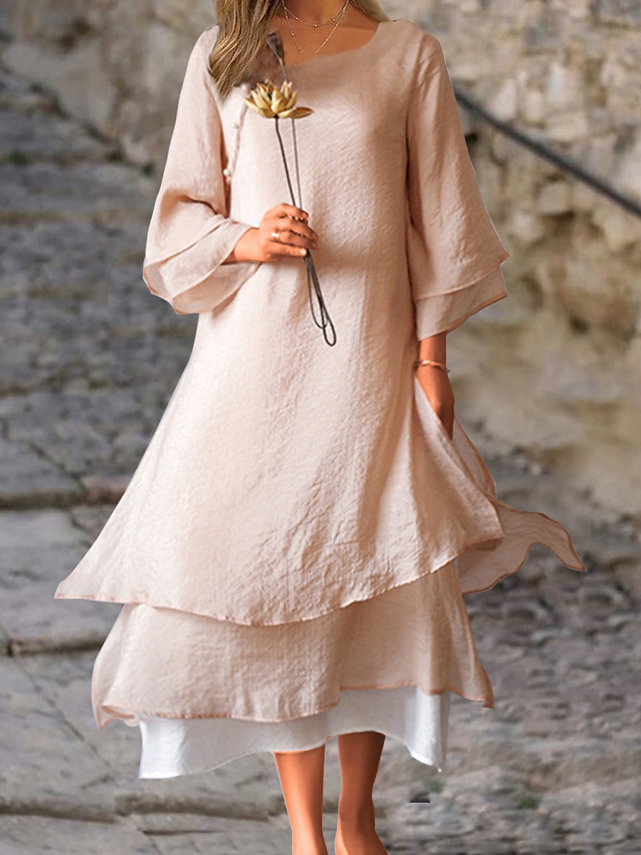 Per donna Rosa chiaro Bianco Estate Primavera Autunno Abito Midi Abiti ispirati al lino Abito Bianco Vestito Casual Essenziale Casual All'aperto Vacanza Quotidiano Vestibilità comoda Colore Puro del 2025 a $32.99 –P1