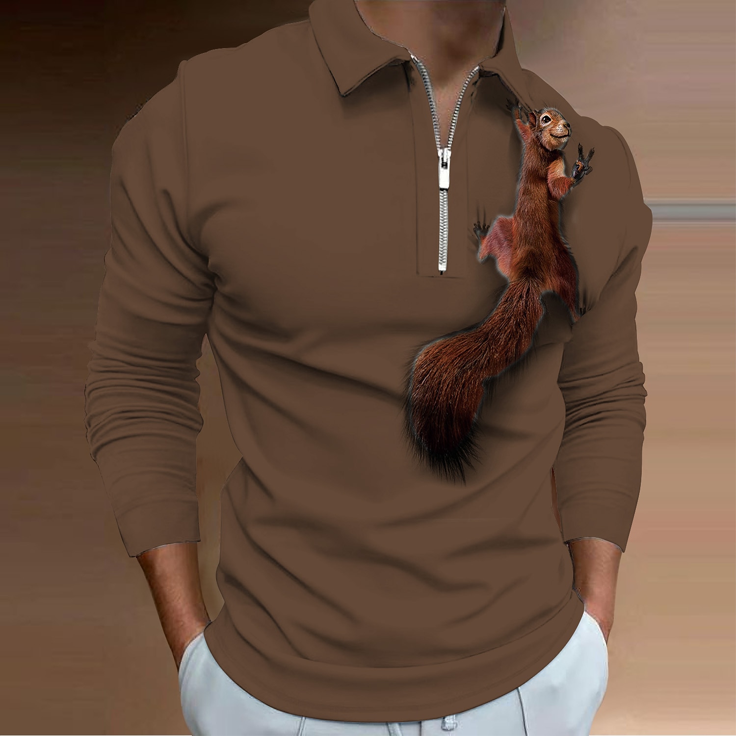 Herren Eichhörnchen Poloshirts mit Reißverschluss Golfshirt Langarm Polo-Shirts Hemden mit Kragen Lässig Lustig Streetwear Urlaubskleidung Party-Outfits 3D-Druck Viertelreißverschluss-Poloshirt Wei 2026 - $25.99 –P4